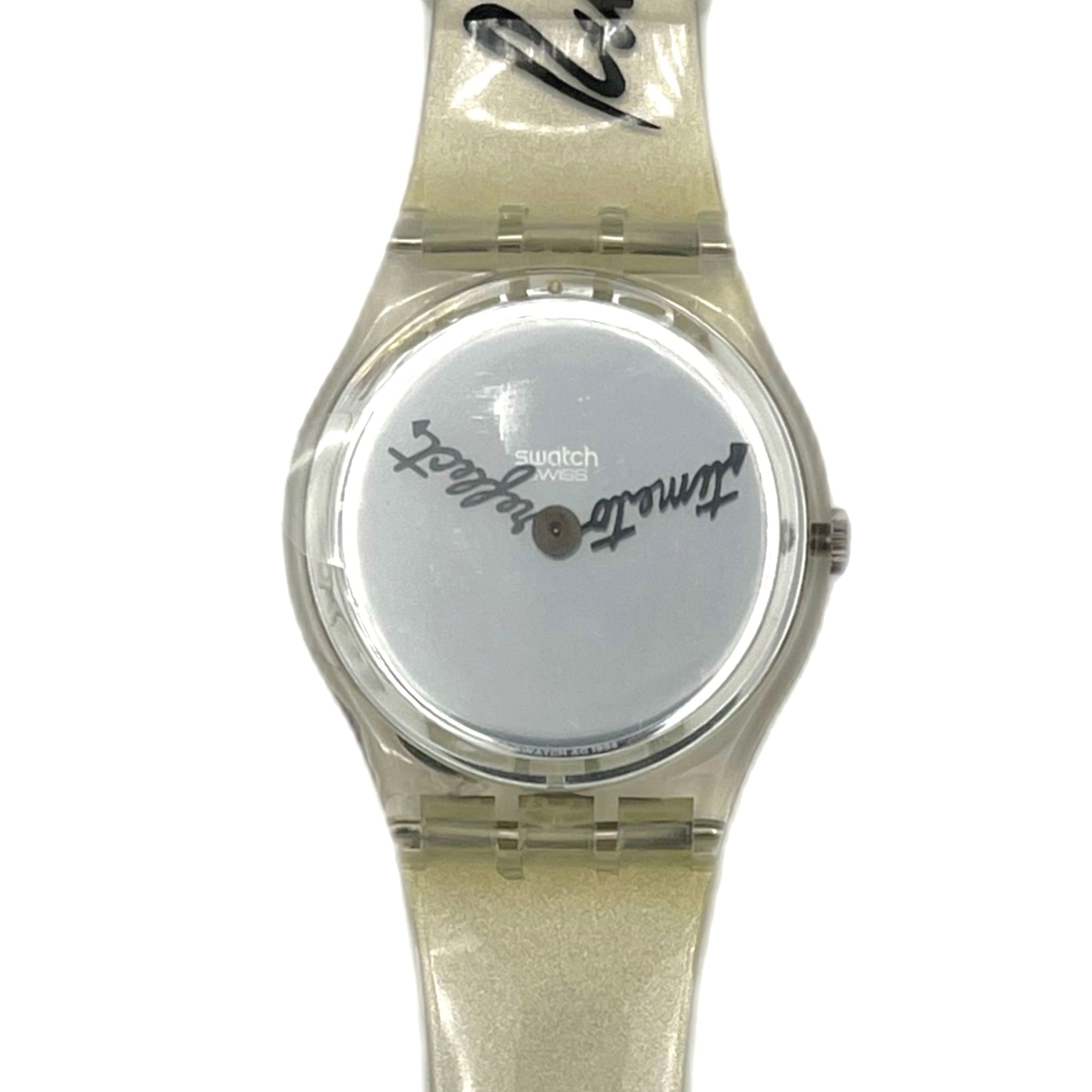 Clear Swatch watch with a mirror face