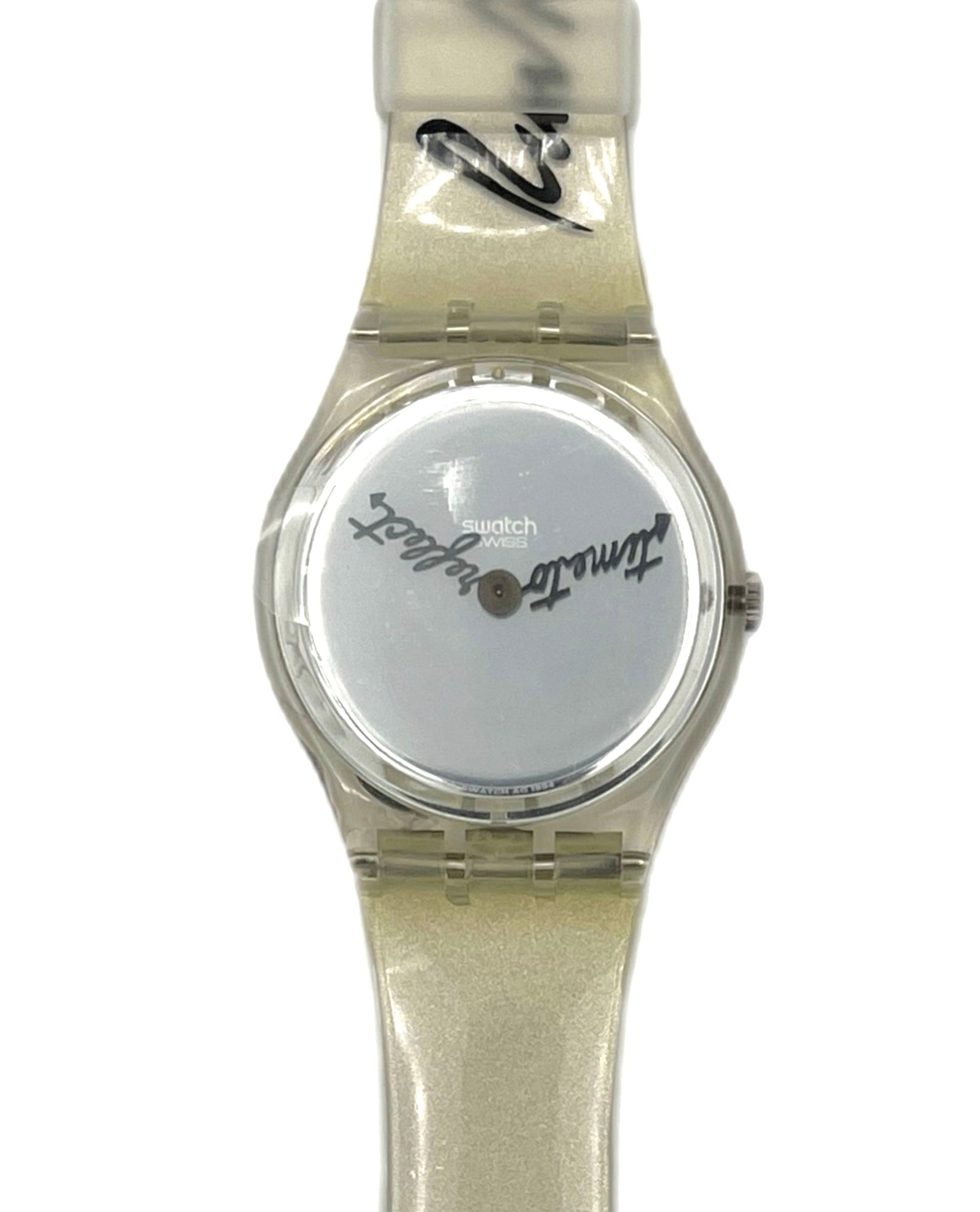 Clear Swatch watch with a mirror face