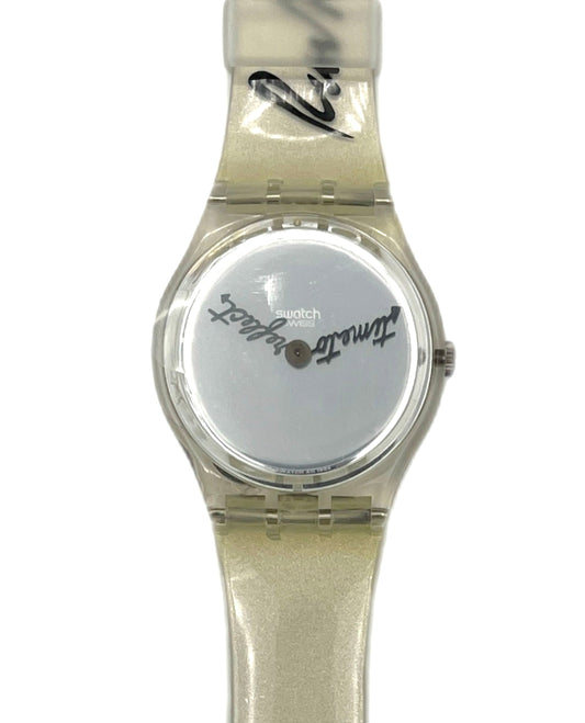 Clear Swatch watch with a mirror face
