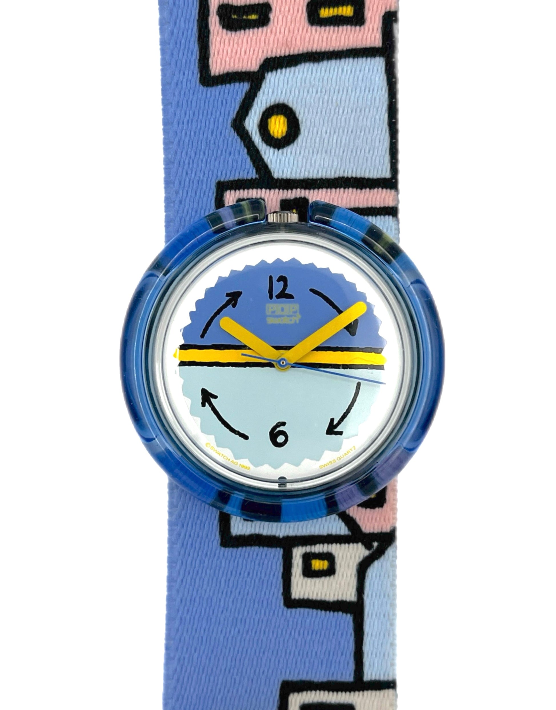 Lady Pop Swatch watch with cartoon character design on strap