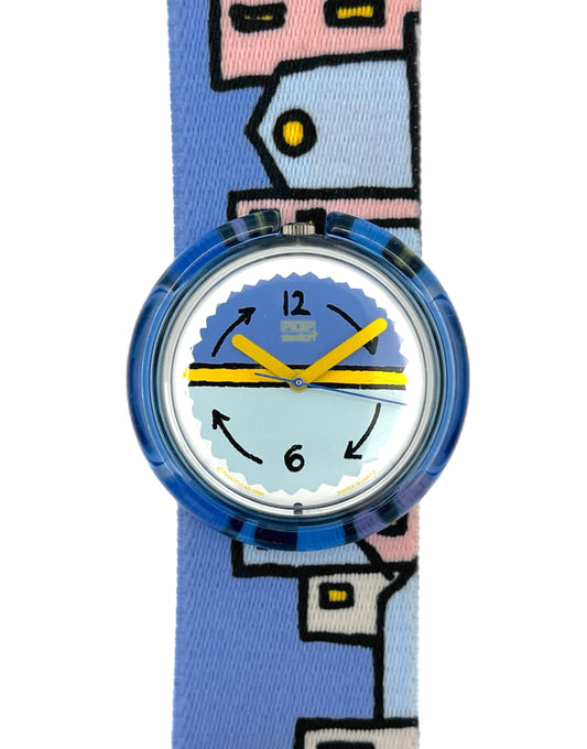Lady Pop Swatch watch with cartoon character design on strap