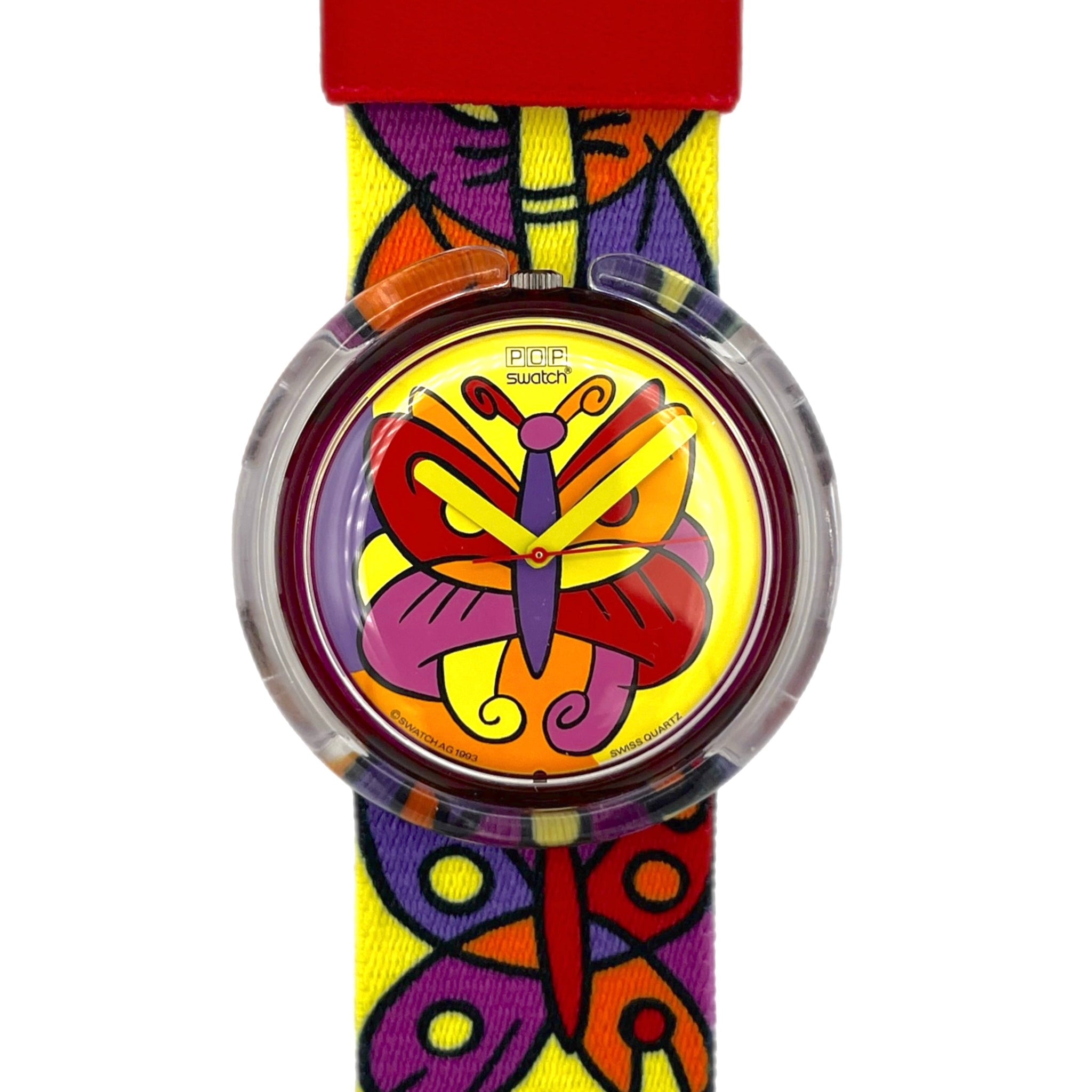 Colorful watch with butterfly design on a white background