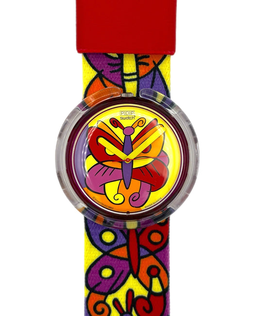 Colorful watch with butterfly design on a white background