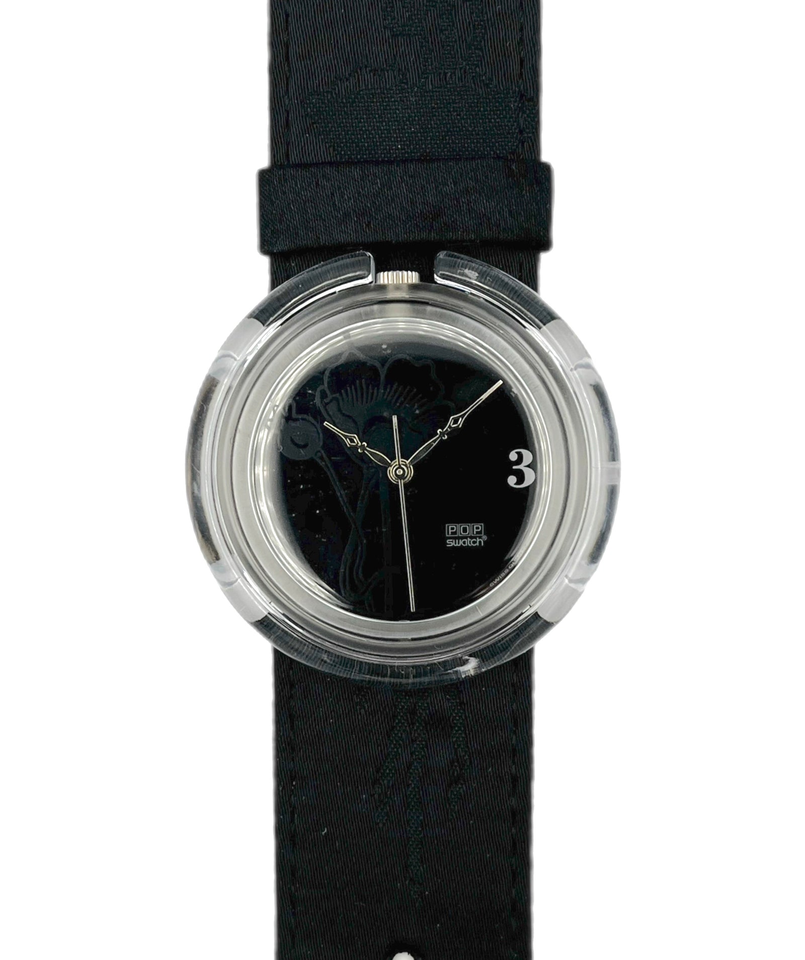 Black wristwatch with a clear case on a white background