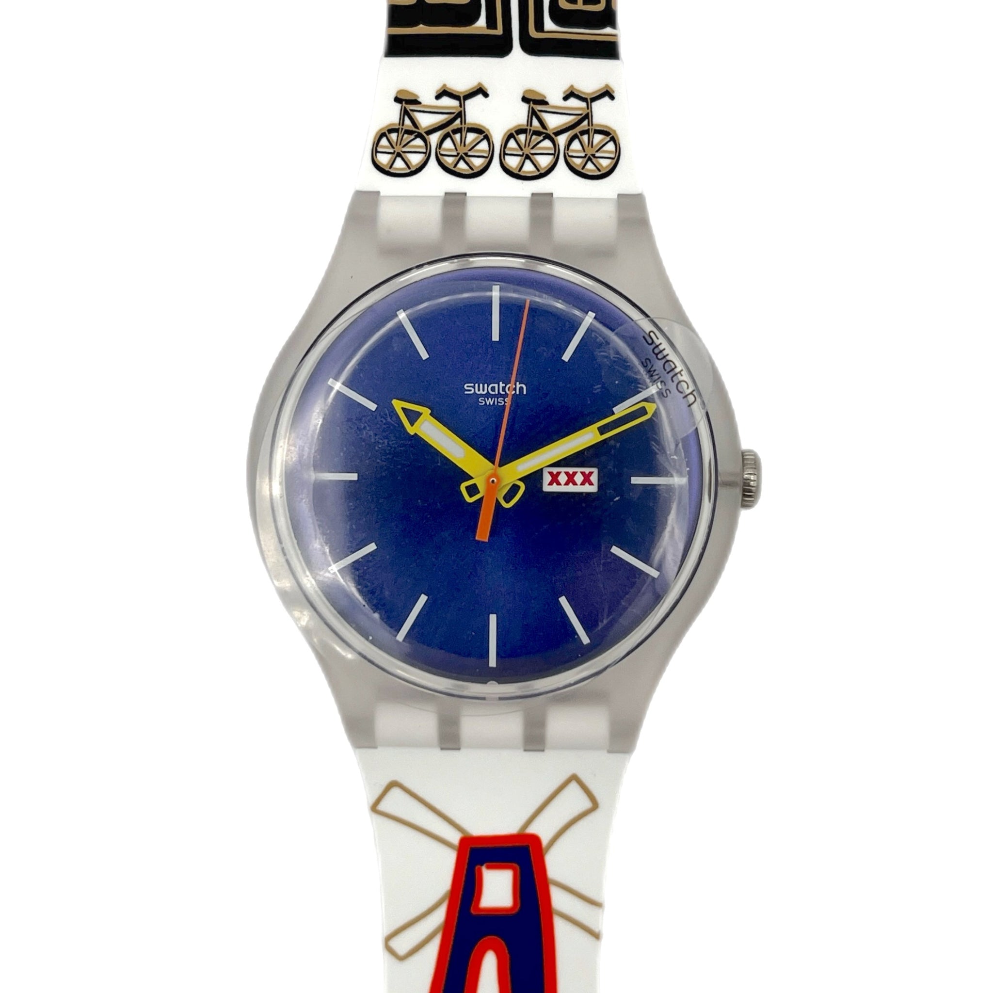 Swatch watch with colorful band featuring a bicycle design on a white background