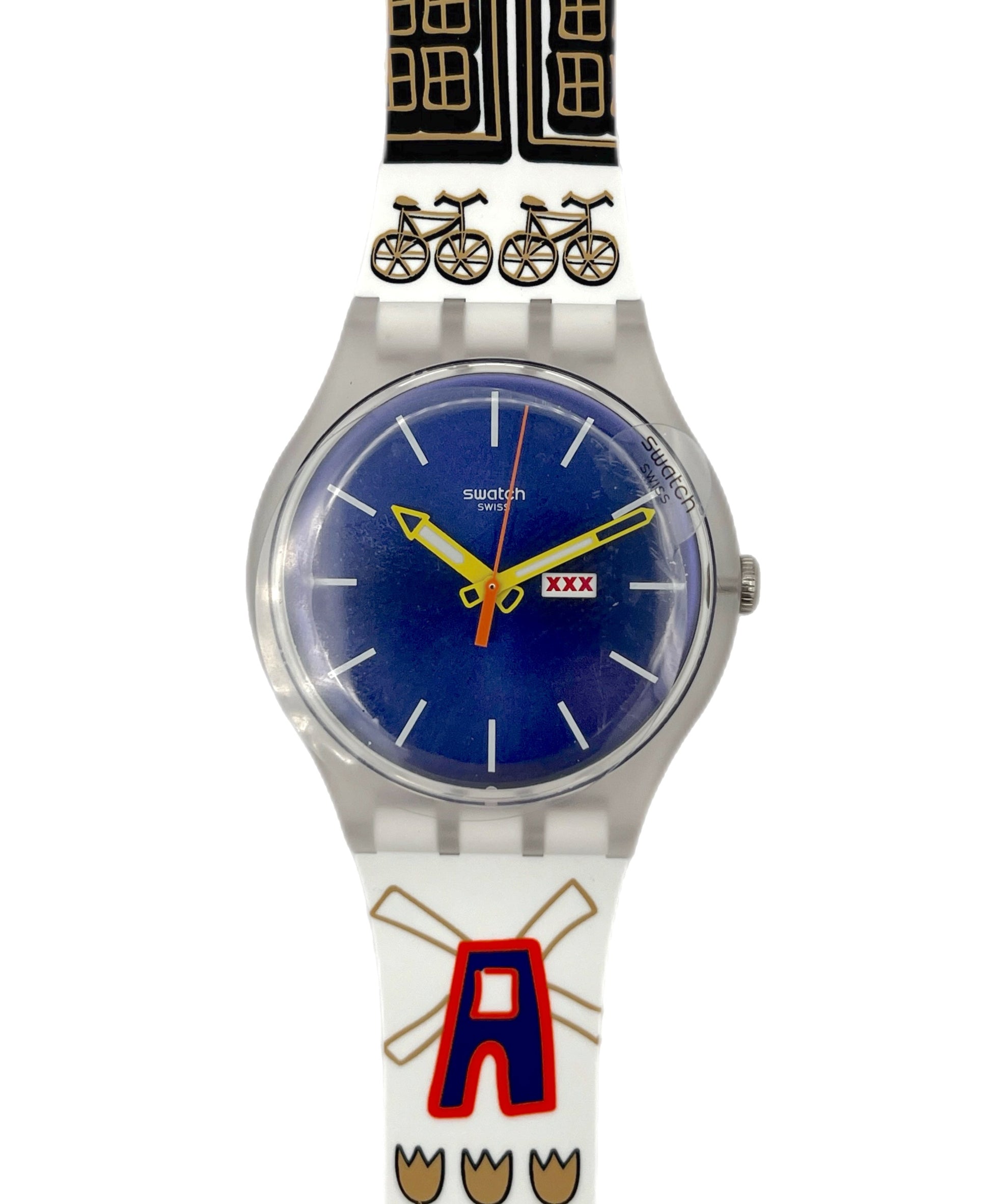 Swatch watch with colorful band featuring a bicycle design on a white background