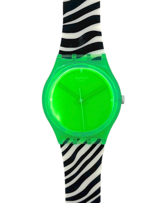 Neon green watch with zebra-patterned strap on a white background