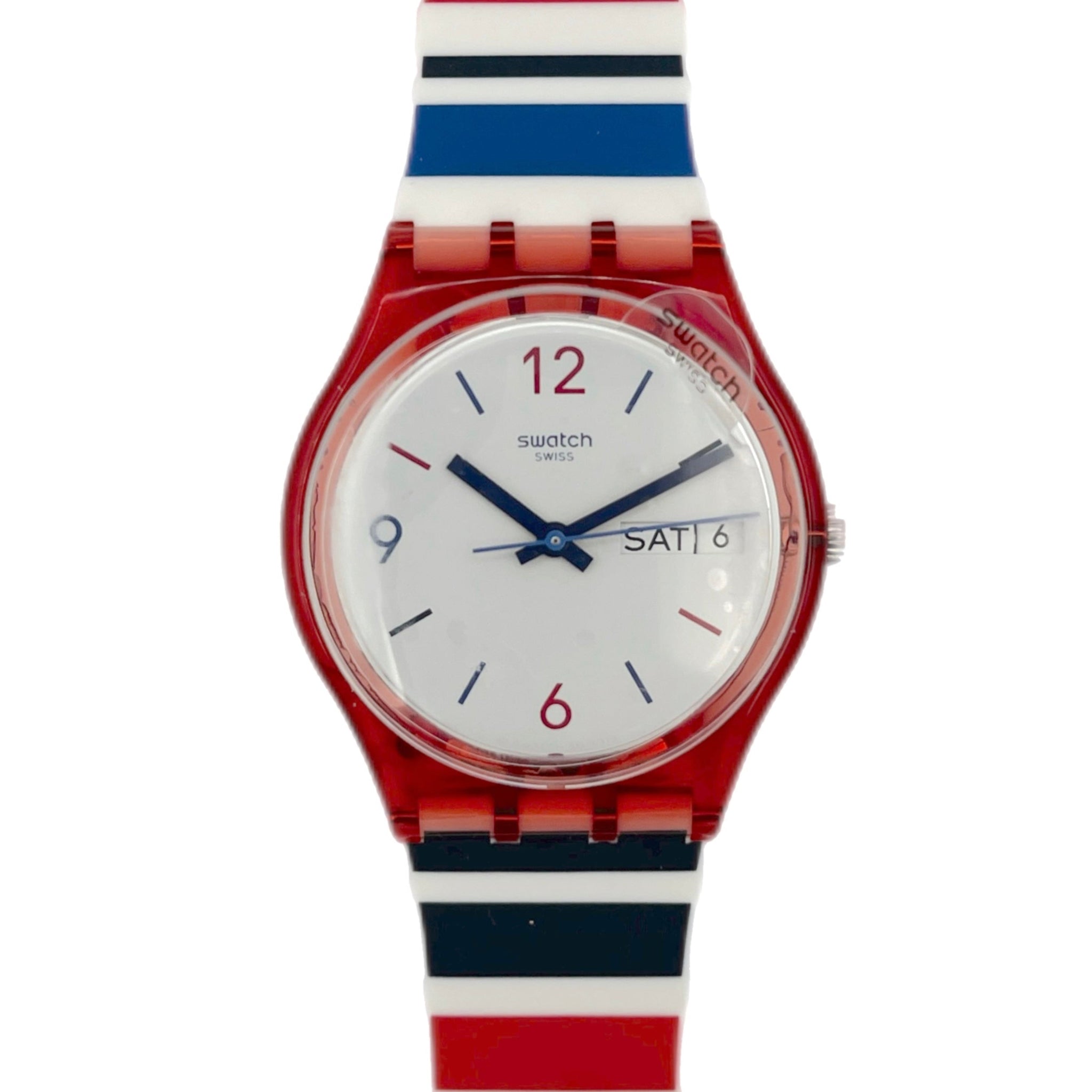 Swatch watch with a red, white, and blue striped strap on a white background