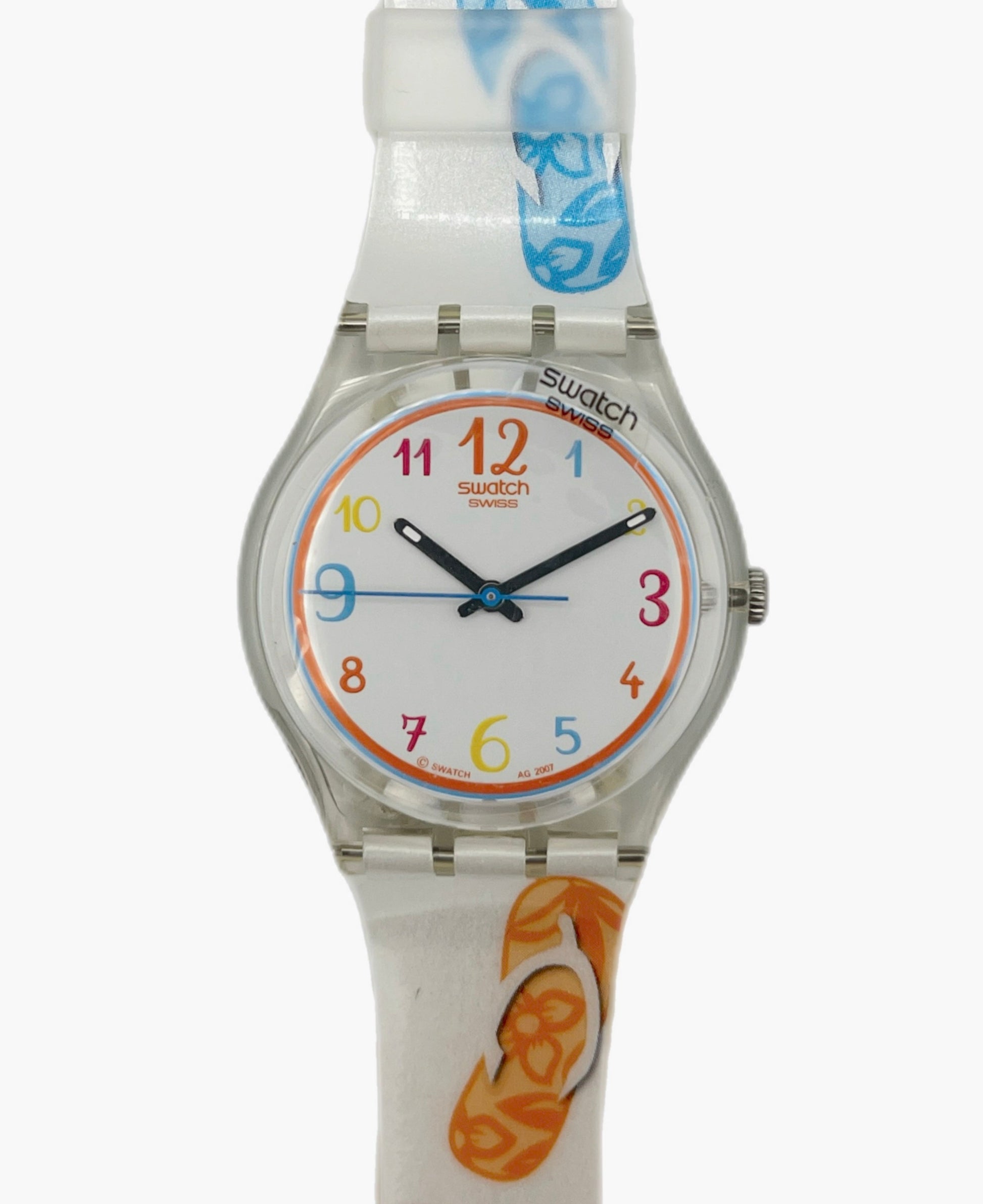 Swatch watch with colorful design on a white background