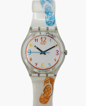 Swatch watch with colorful design on a white background