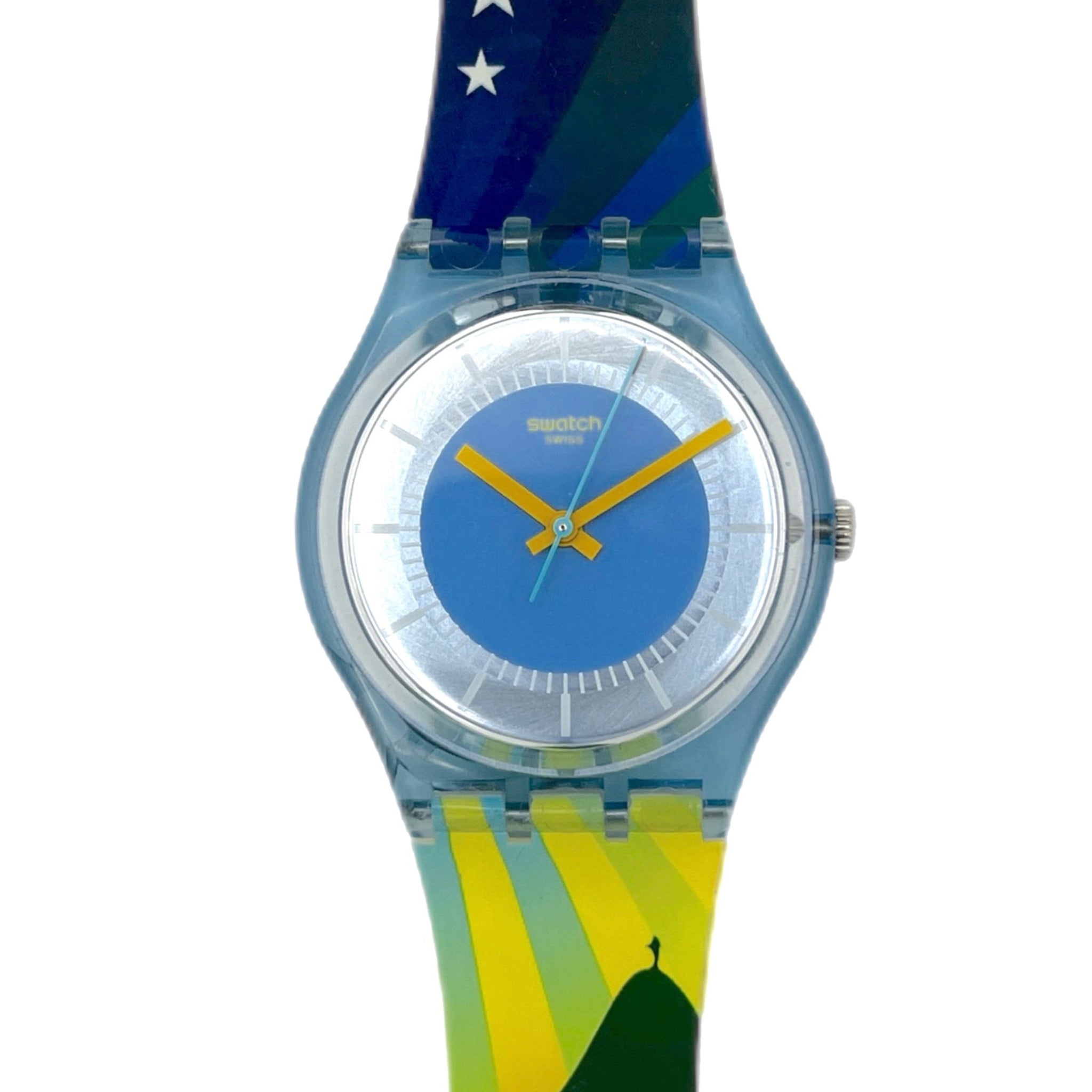 Watch with a colorful strap featuring a mountain and star design on a white background