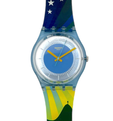 Watch with a colorful strap featuring a mountain and star design on a white background