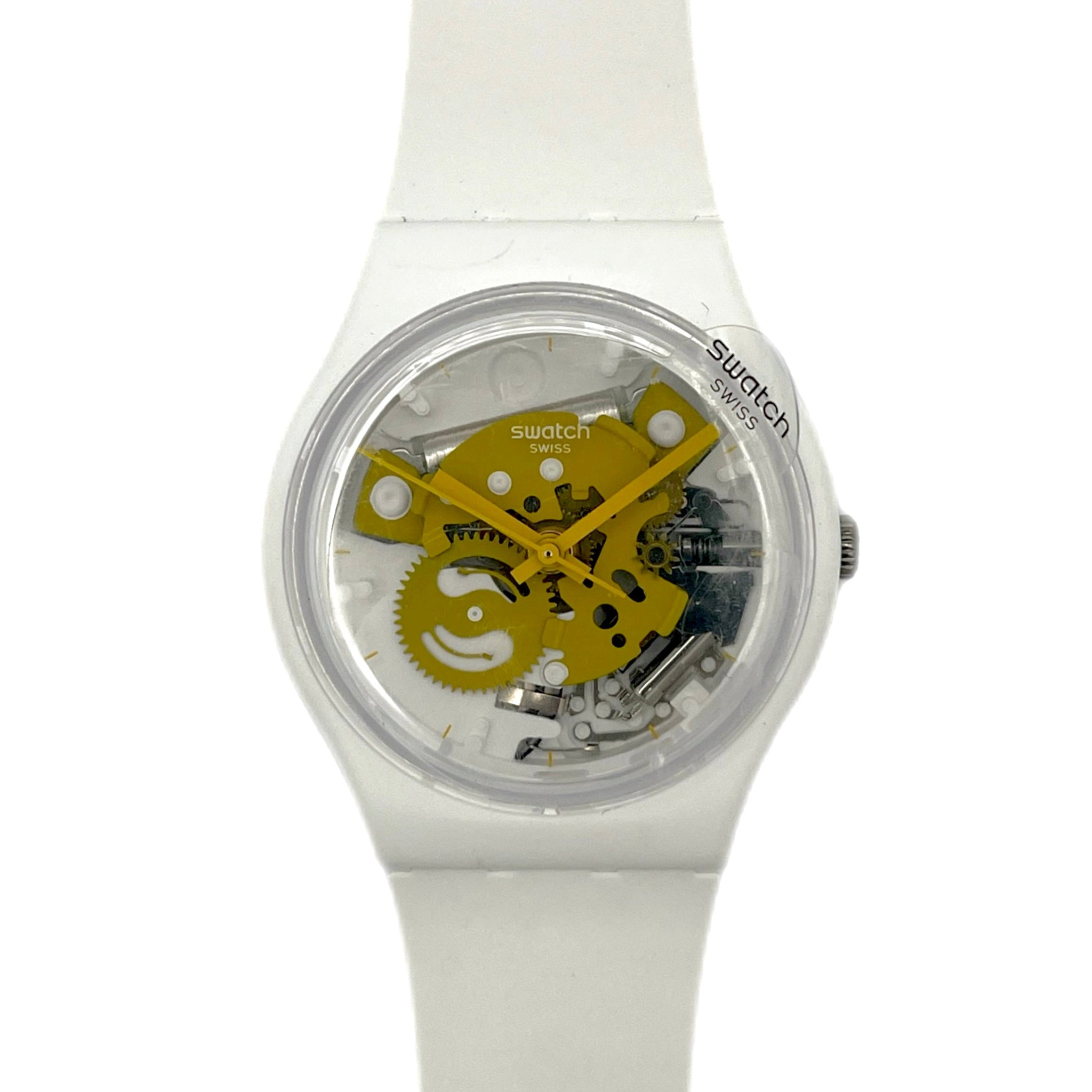 White Swatch watch with yellow gear design on a white background