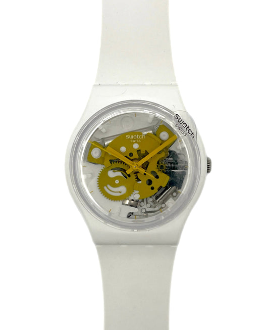 White Swatch watch with yellow gear design on a white background