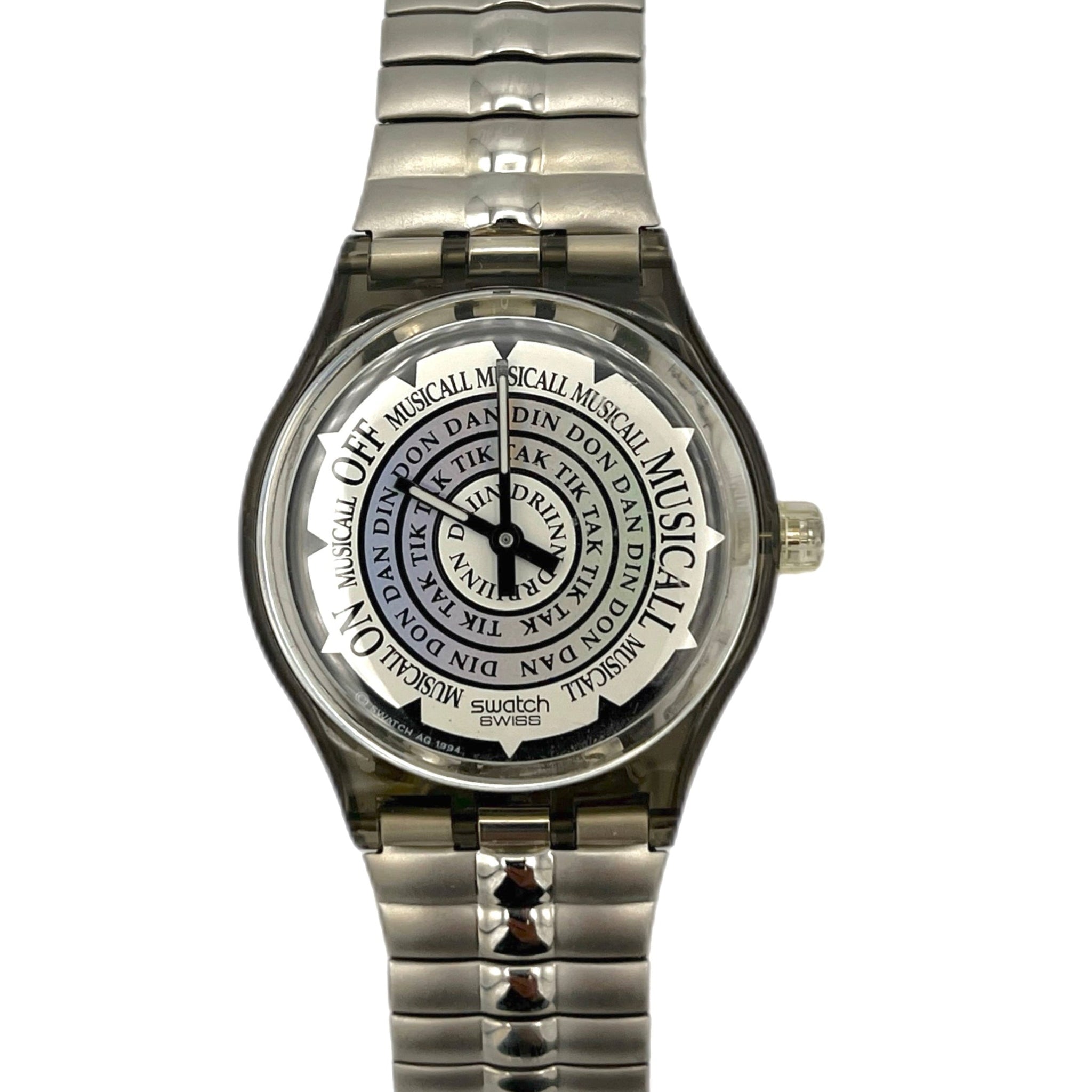 Silver wristwatch with a detailed face on a white background