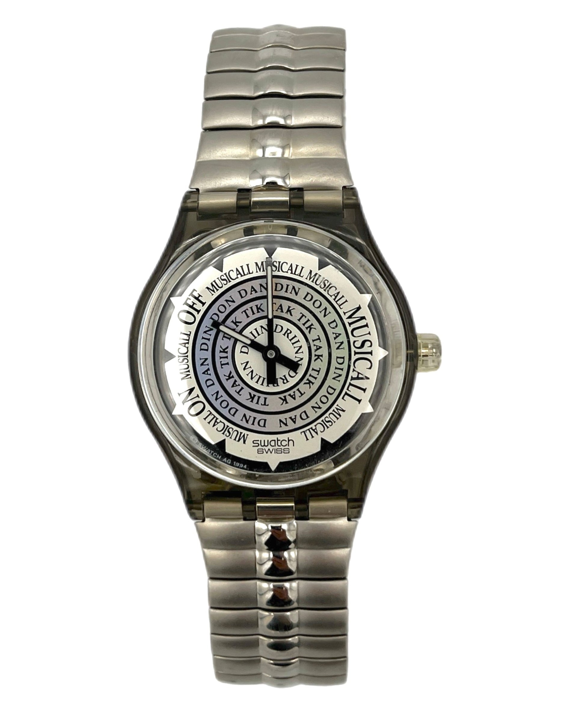 Silver wristwatch with a detailed face on a white background