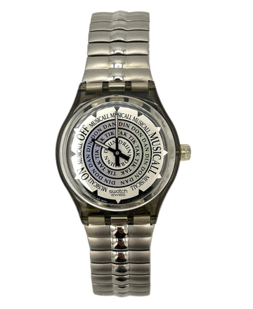 Silver wristwatch with a detailed face on a white background