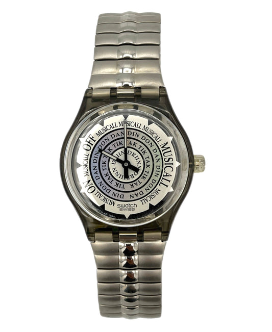 Silver wristwatch with a detailed face on a white background