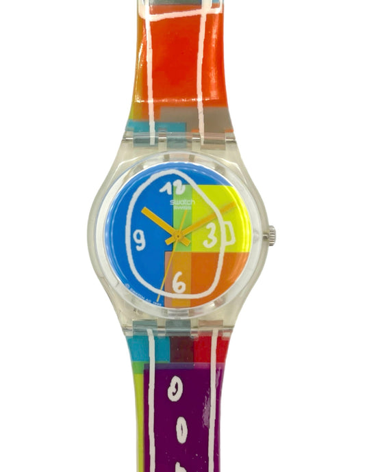 Colorful wristwatch with a transparent strap on a white background