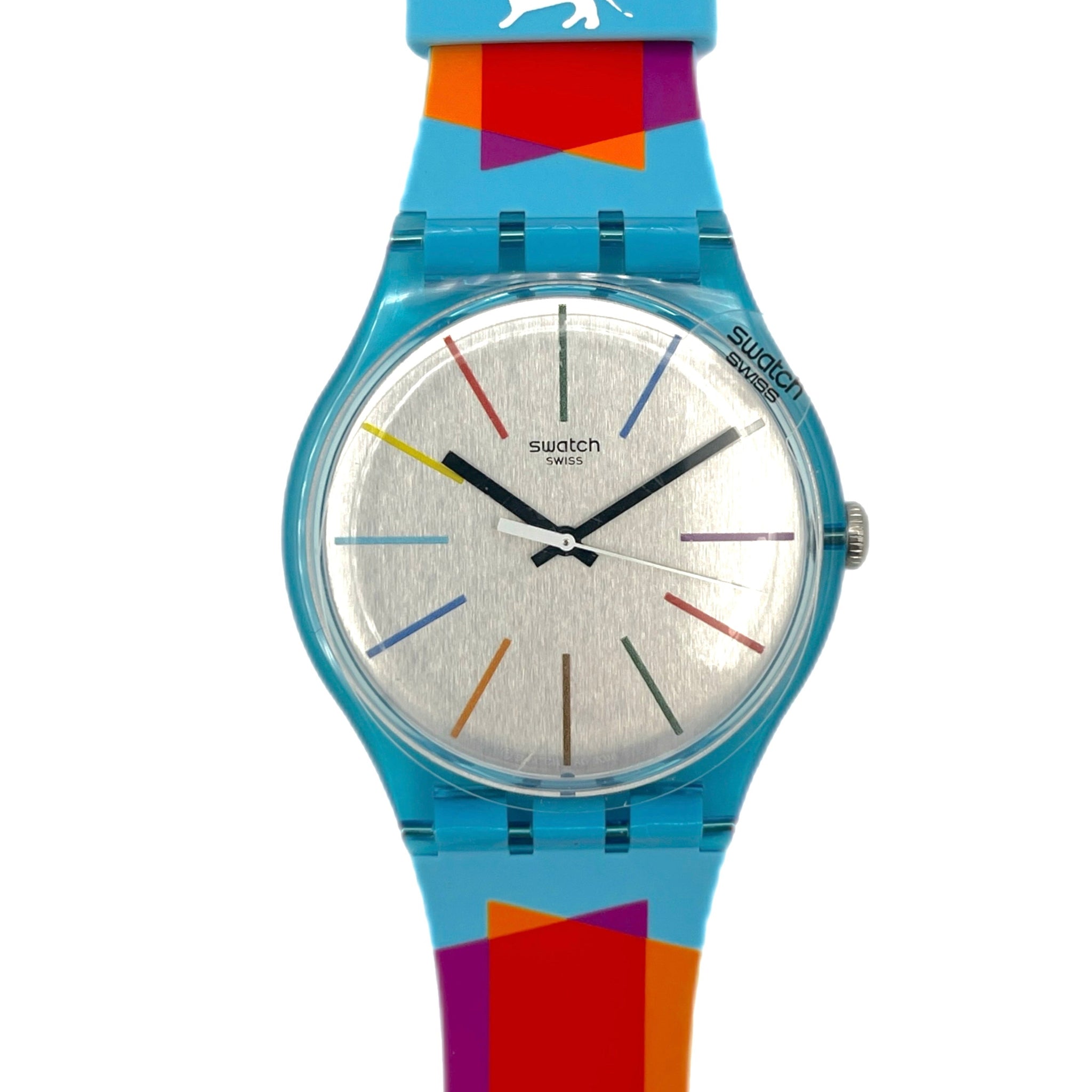 Colorful Swatch watch with a white background