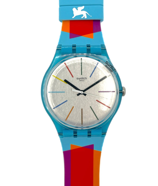 Colorful Swatch watch with a white background