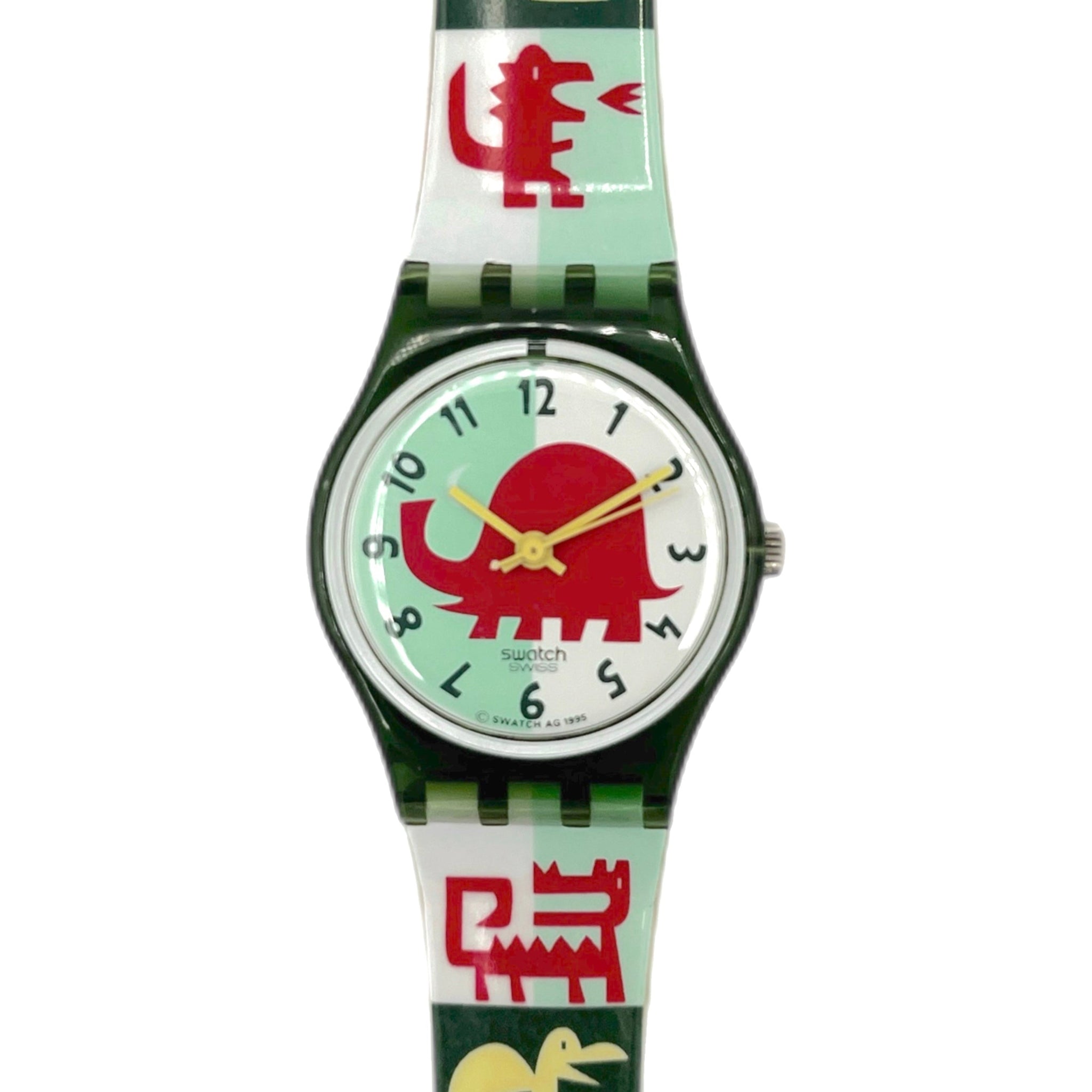 Watch with a colorful strap featuring animal designs on a white background