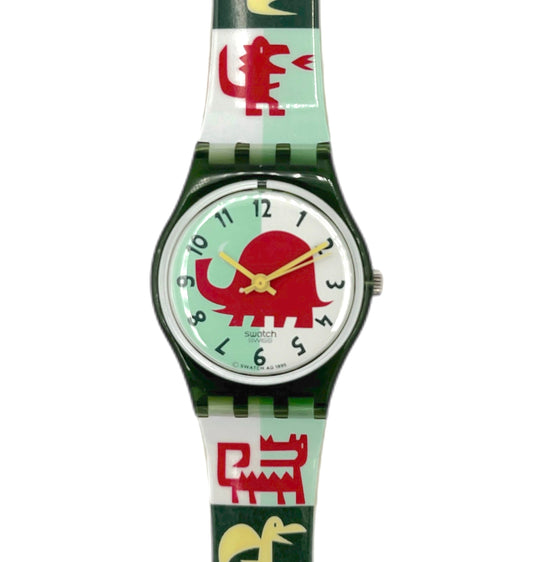 Watch with a colorful strap featuring animal designs on a white background