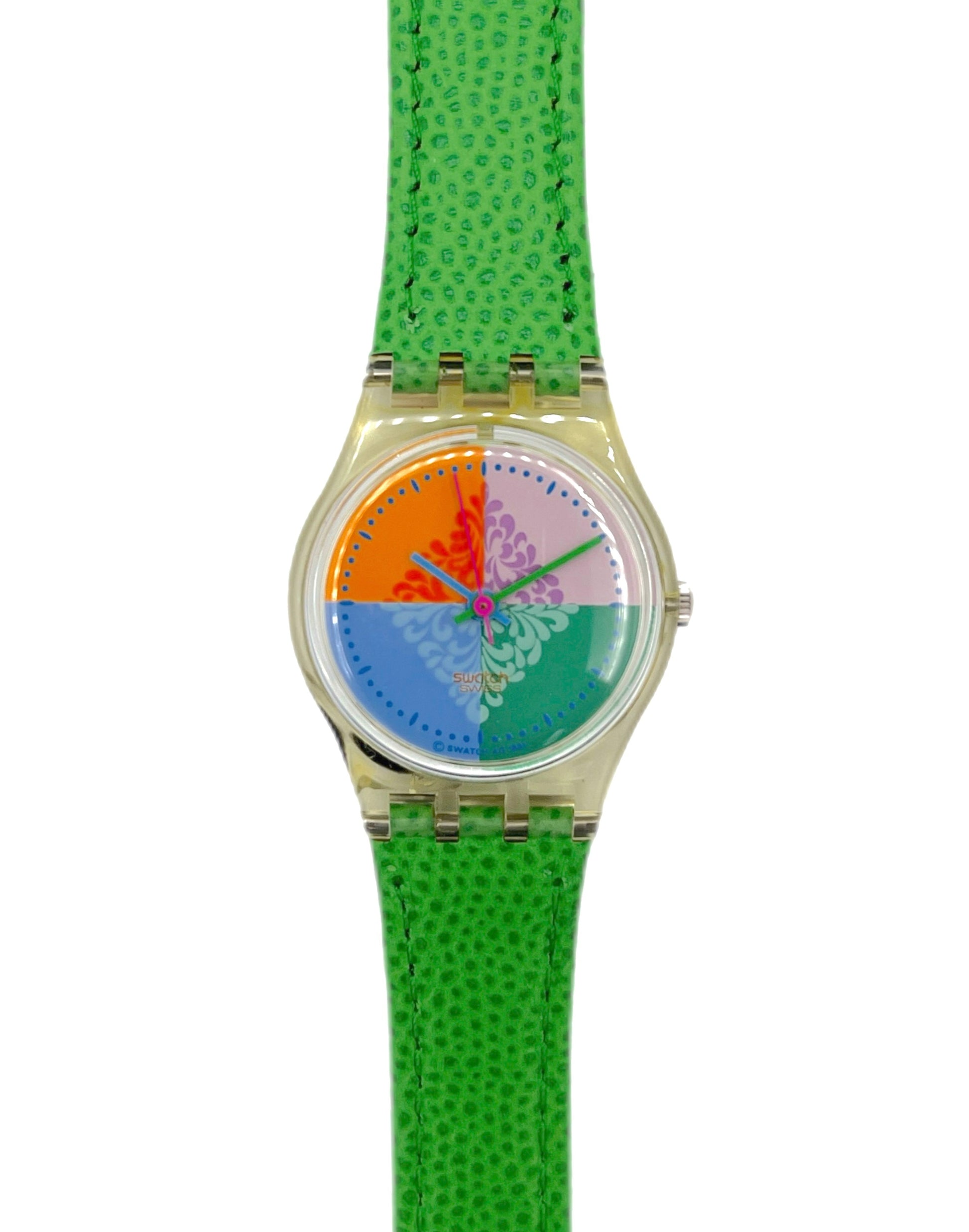 Colorful watch with a green strap on a white background