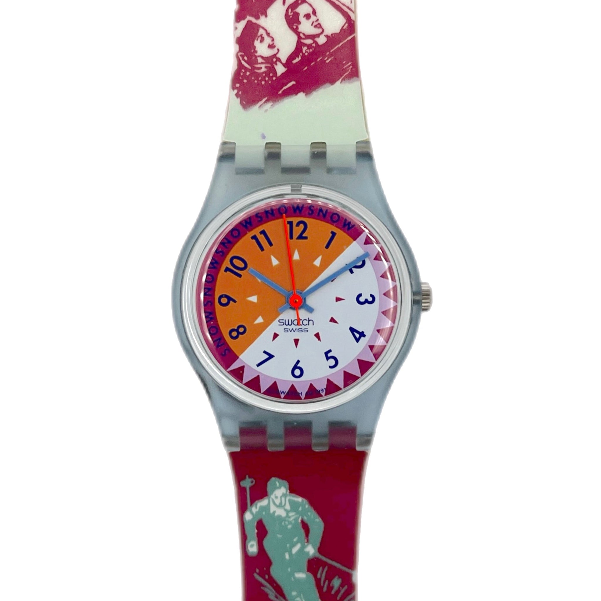 Colorful watch with a unique design on the strap against a white background