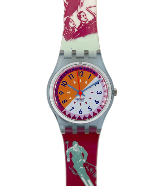 Colorful watch with a unique design on the strap against a white background