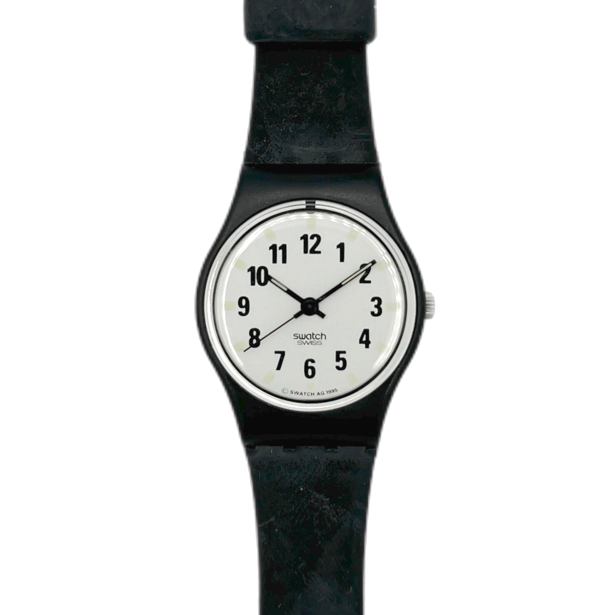 Black Swatch watch with a white face on a white background