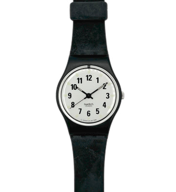 Black Swatch watch with a white face on a white background