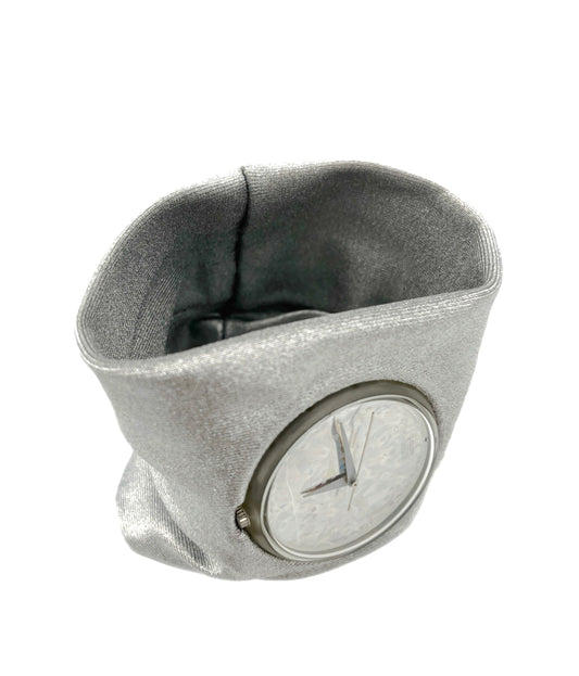 Gray fabric wristband with a clock face on a white background