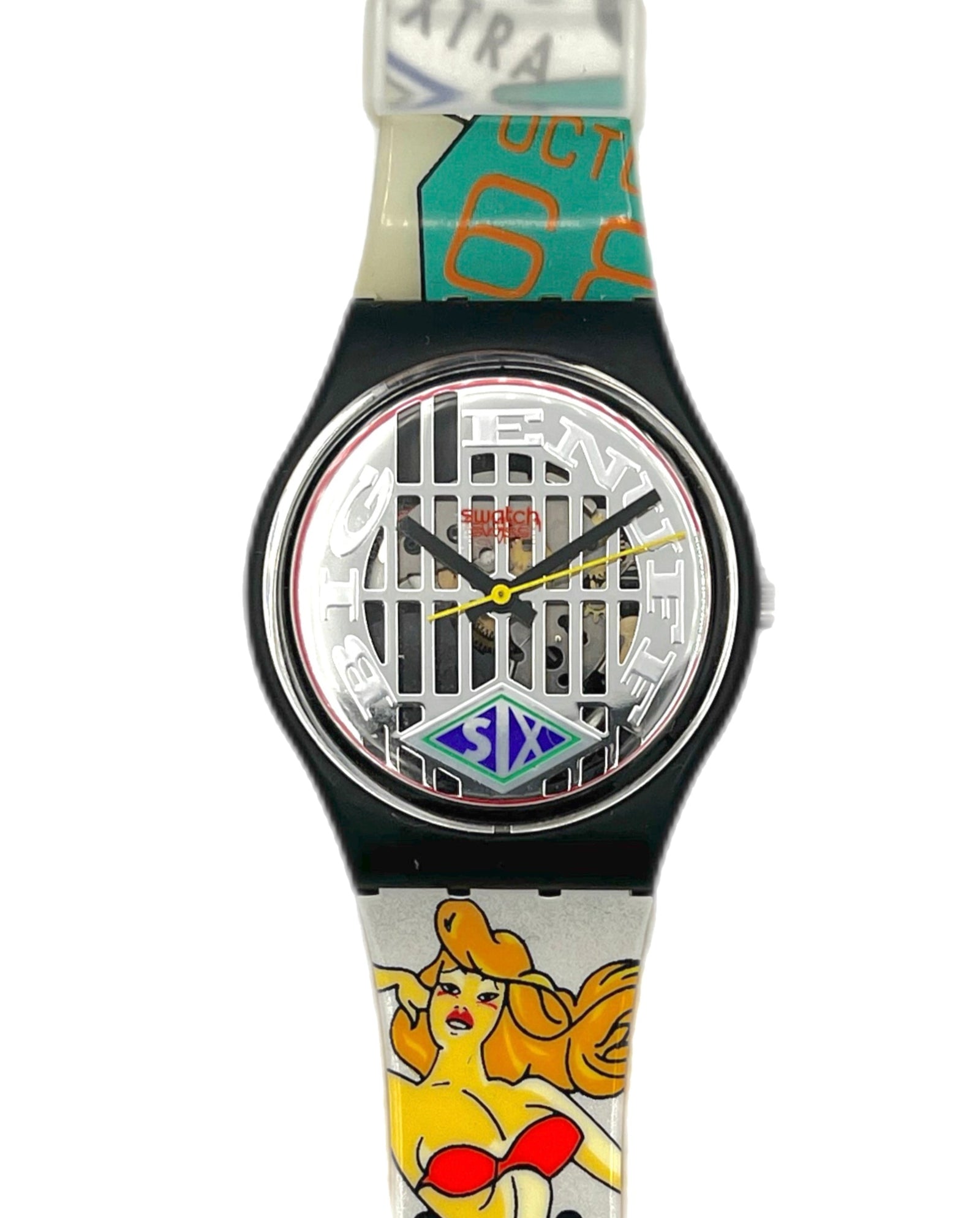 Watch with colorful strap featuring cartoon character on a white background
