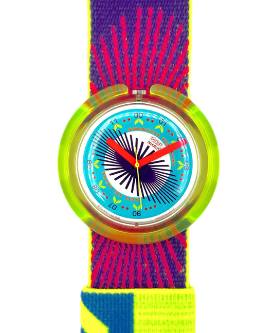 Colorful watch with a patterned strap on a white background