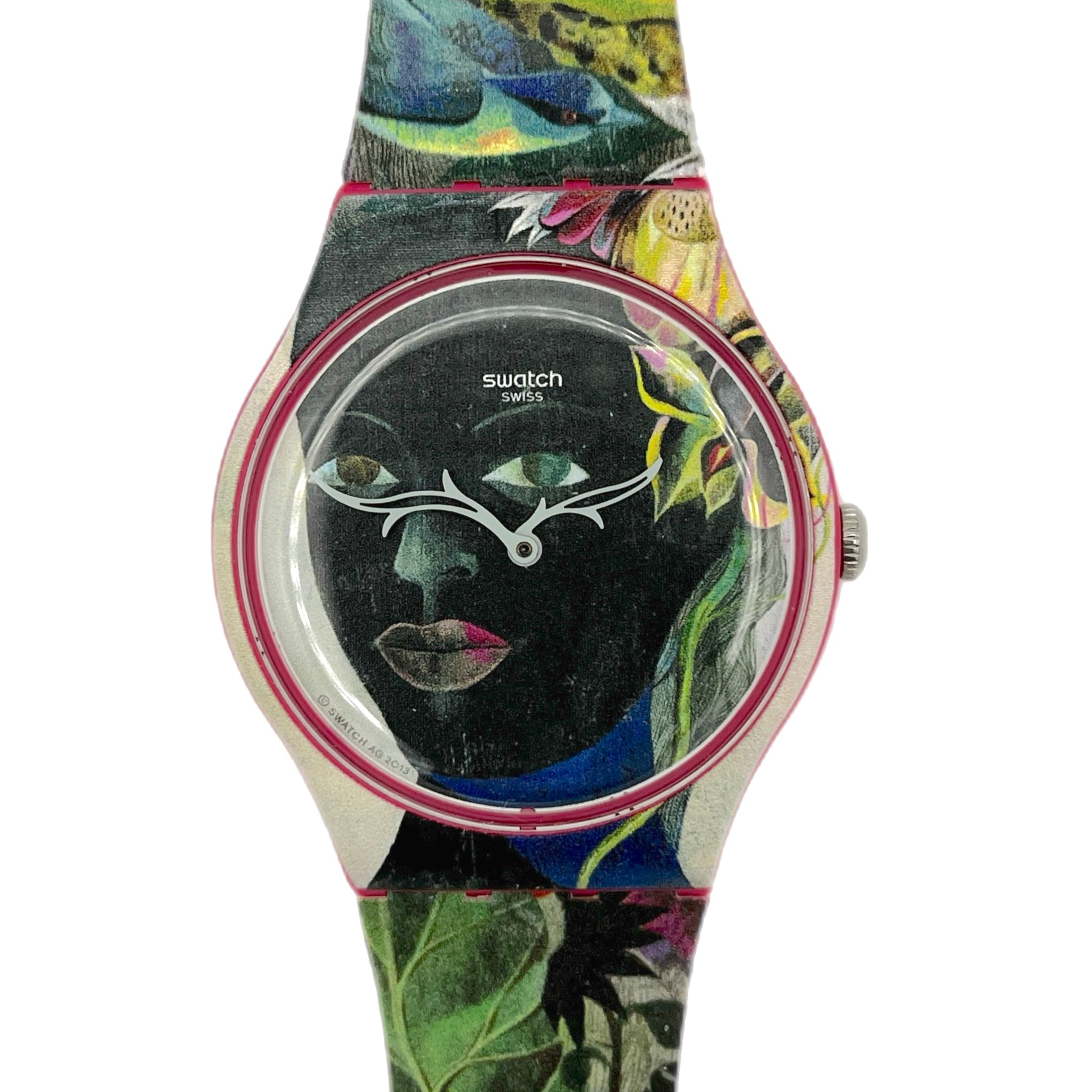Colorful Swatch watch with artistic design on a white background