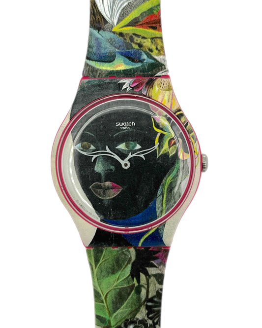 Colorful Swatch watch with artistic design on a white background