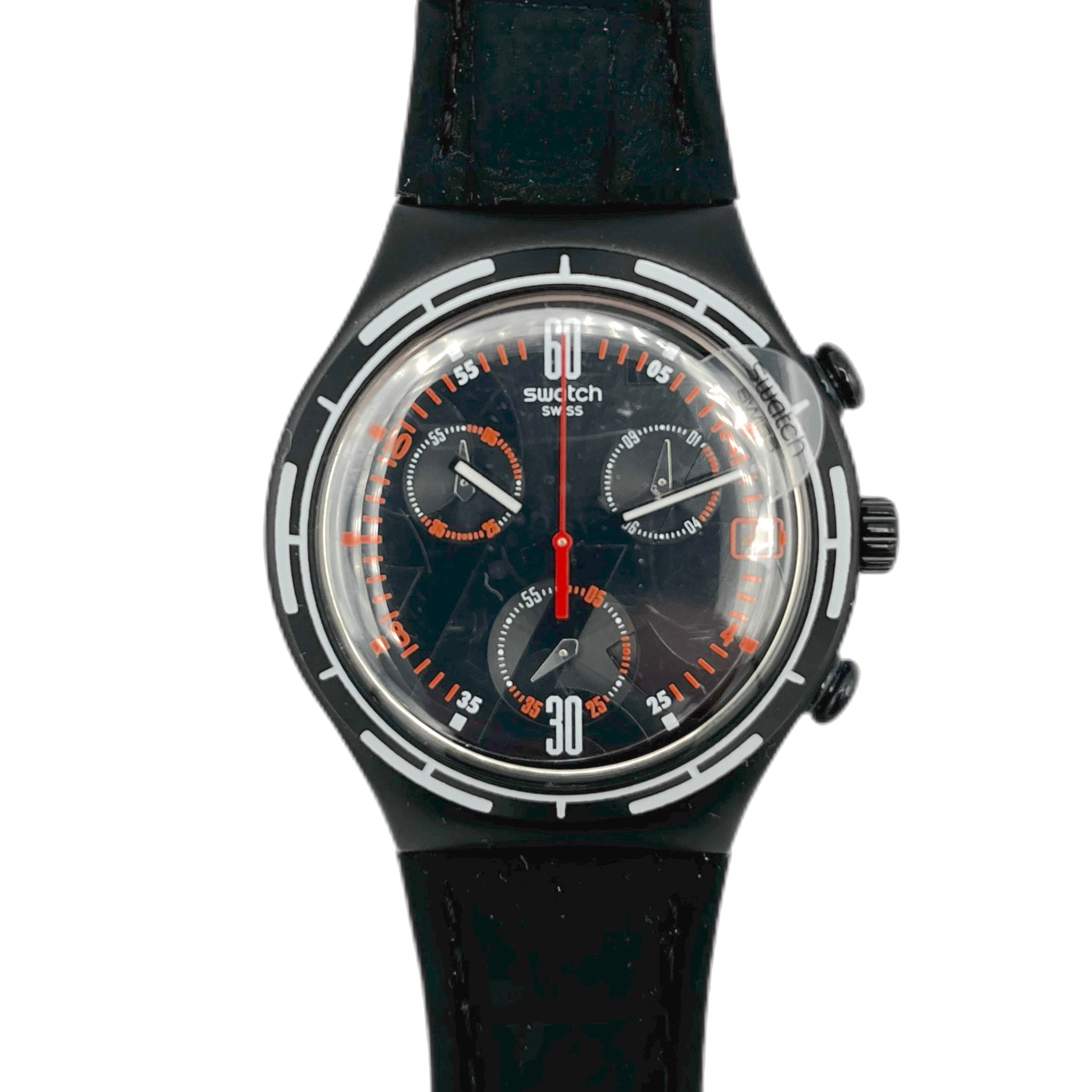 Black Swatch chrono watch with detailed face on a white background