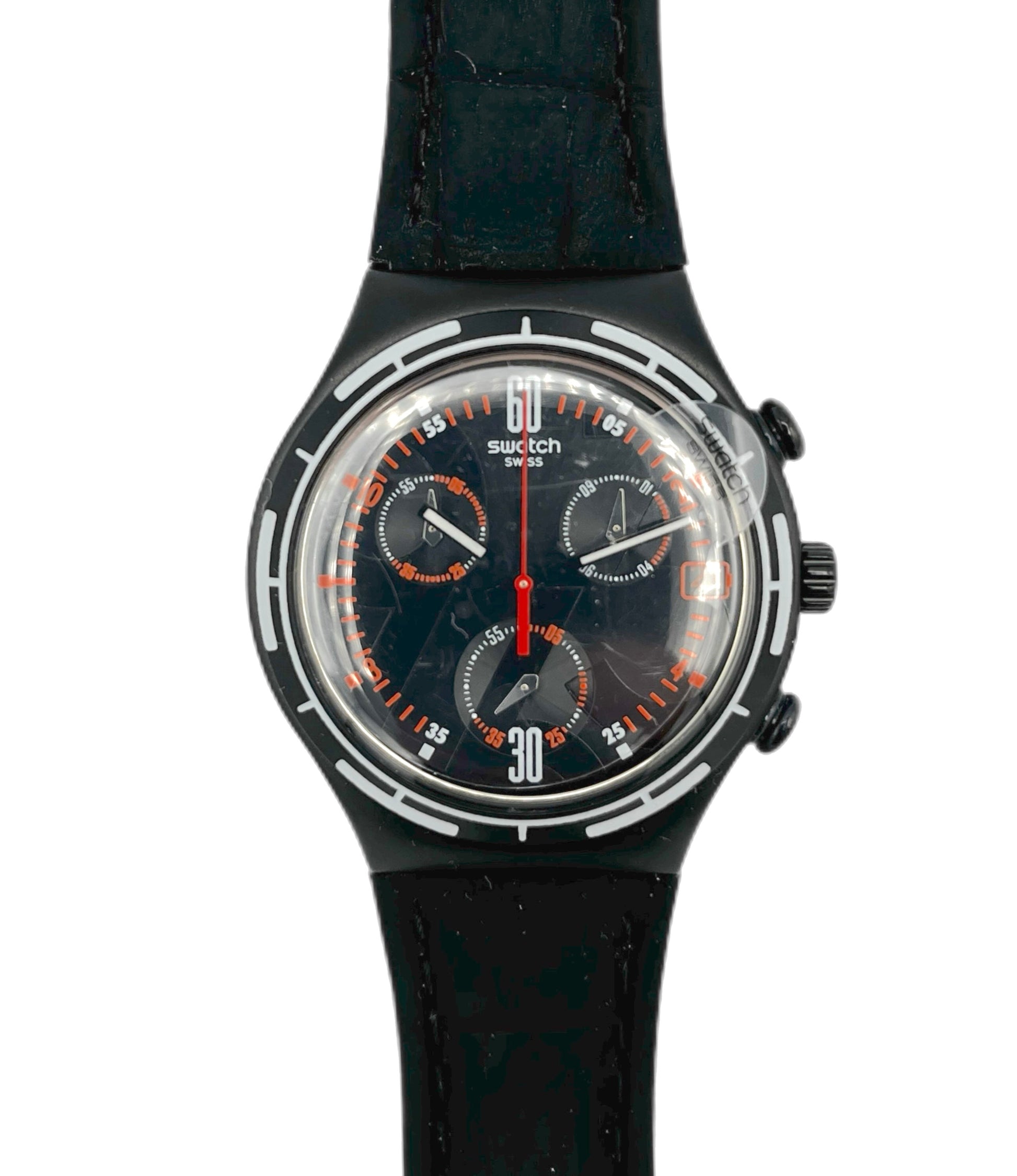 Black Swatch chrono watch with detailed face on a white background