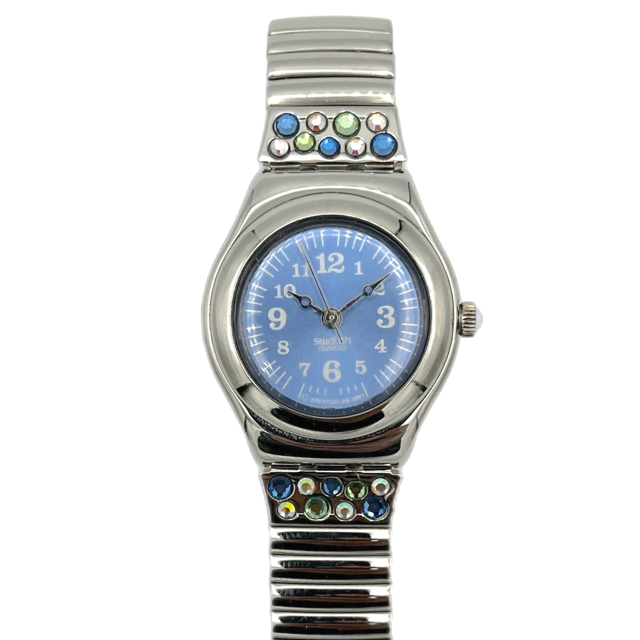 Wristwatch with a blue face and decorative band on a white background