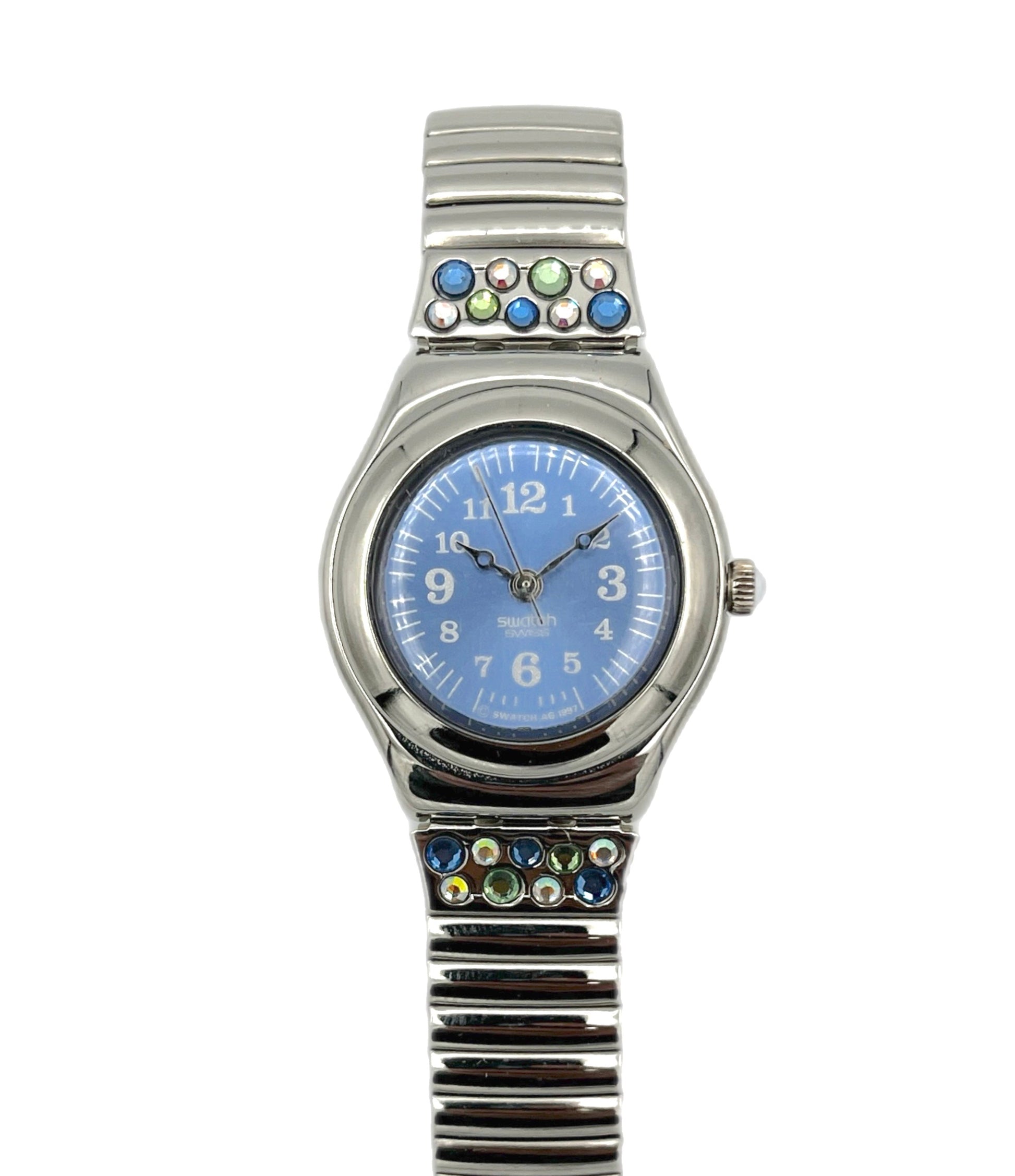 Wristwatch with a blue face and decorative band on a white background