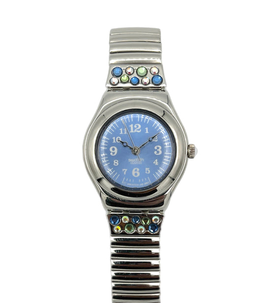 Wristwatch with a blue face and decorative band on a white background