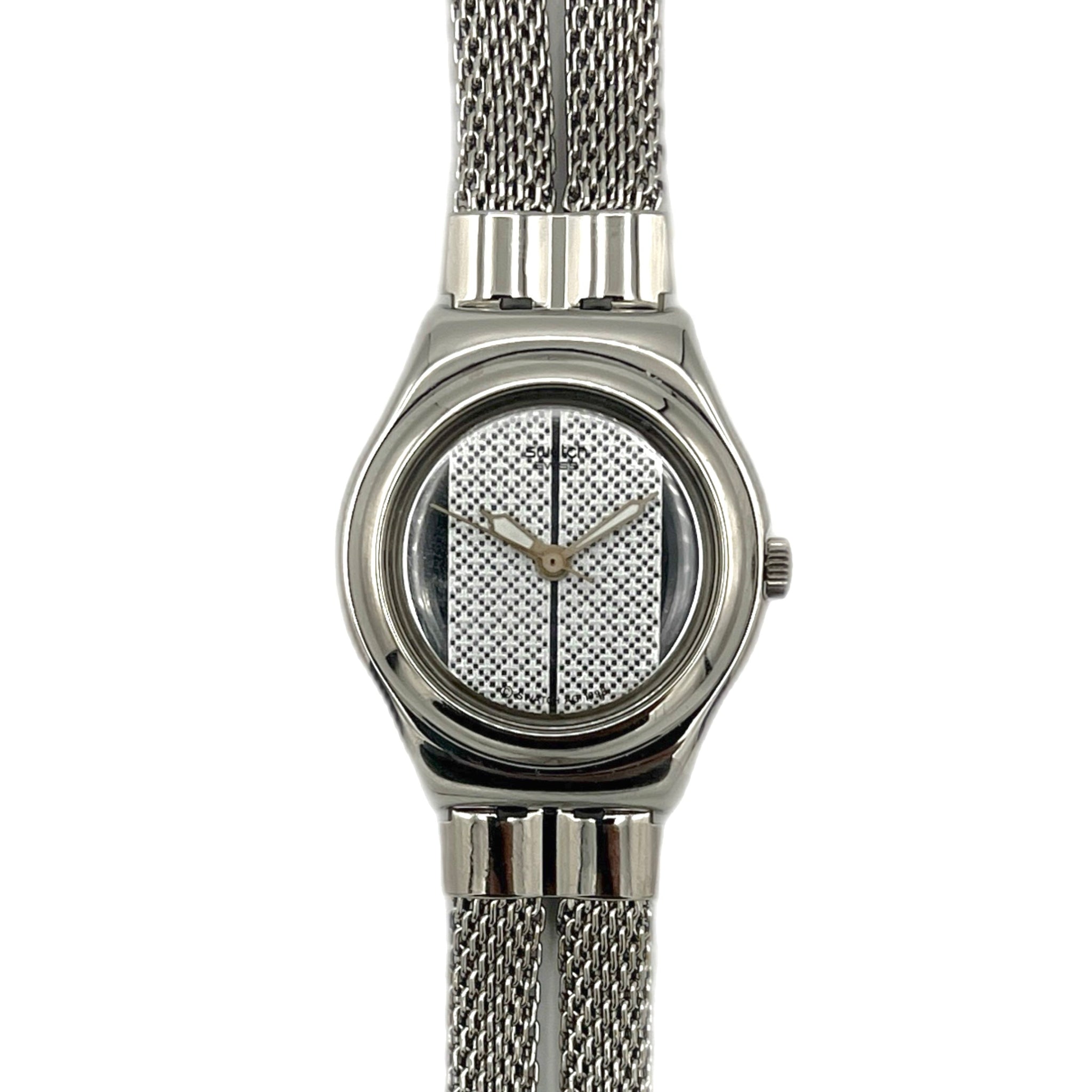 Silver watch with mesh band on a white background