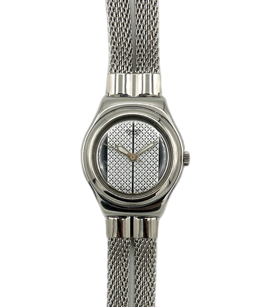 Silver watch with mesh band on a white background