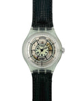 Swatch watch with black strap and transparent case on a white background