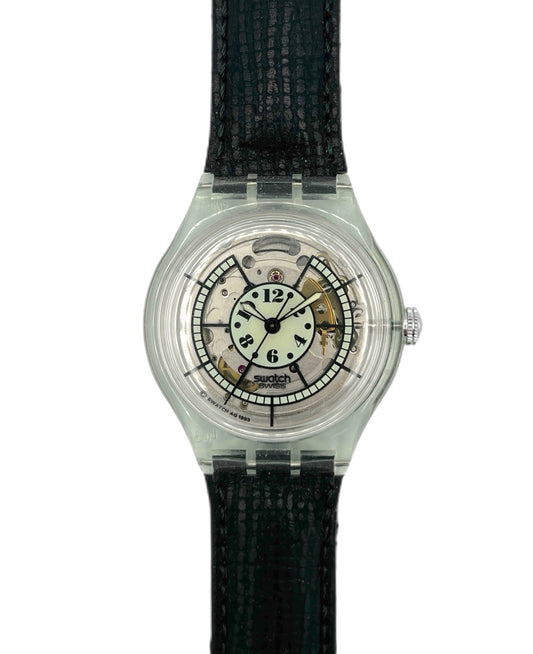 Swatch watch with black strap and transparent case on a white background