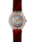 Swatch mechanical Watch with a red strap and blue face on a white background