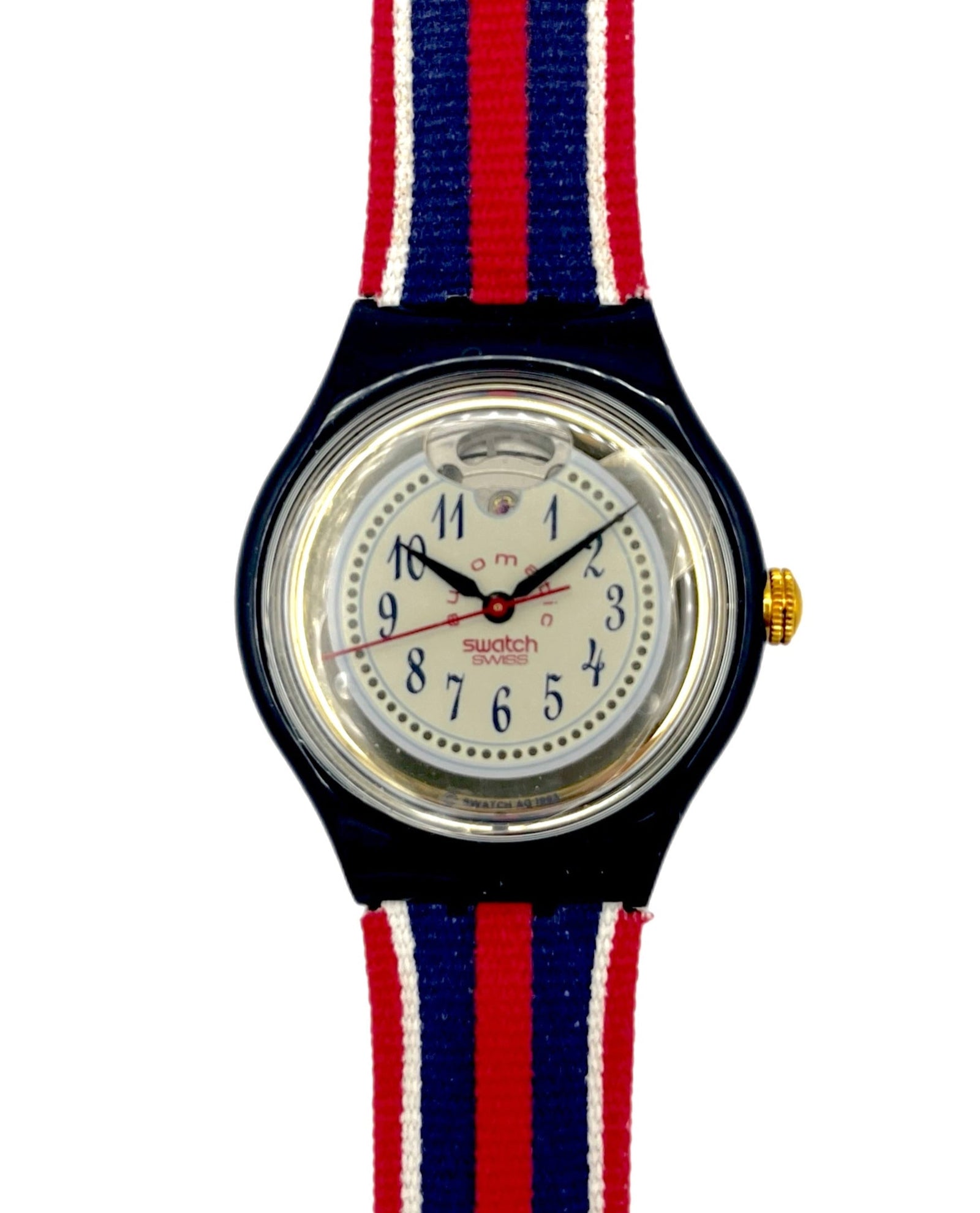 Swatch Automatic watch with a striped strap on a white background