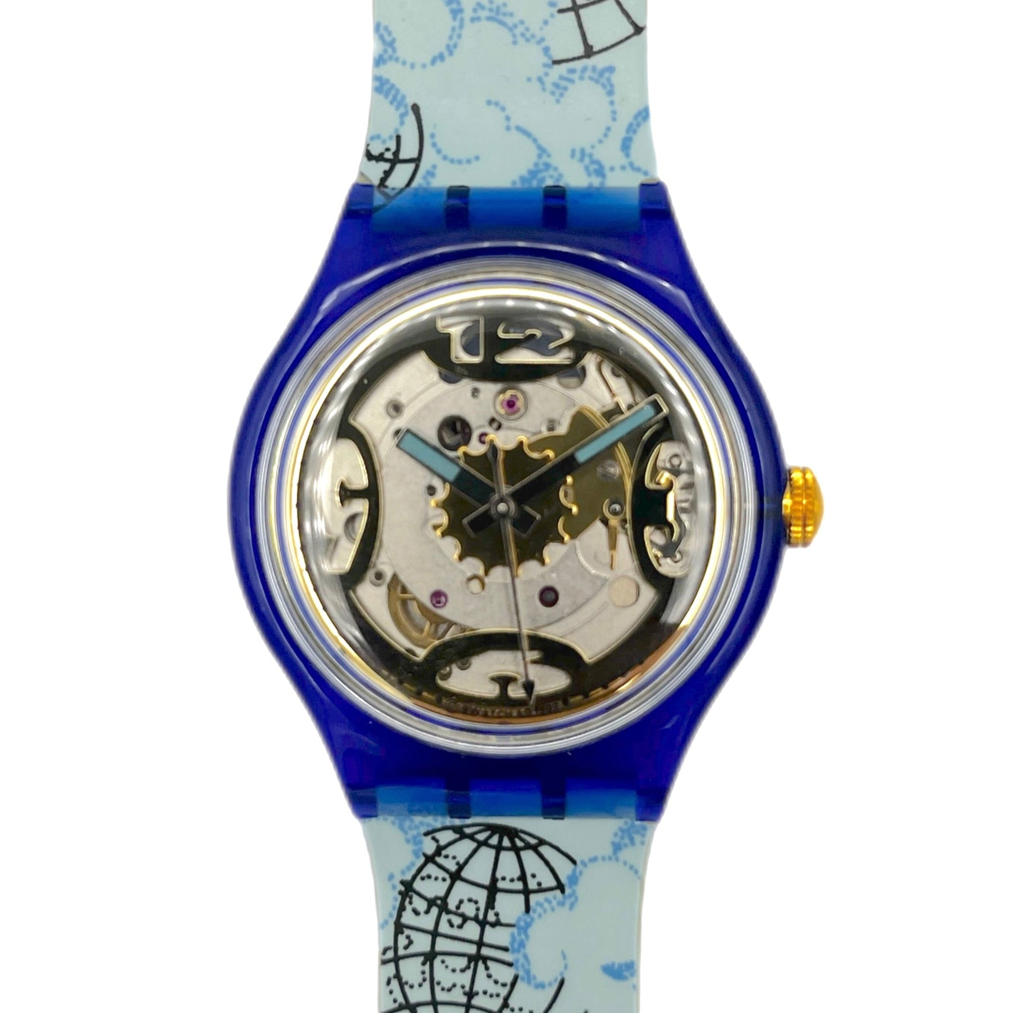 Swatch Automatic watch with a blue strap featuring world map design on a white background