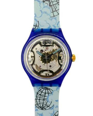 Swatch Automatic watch with a blue strap featuring world map design on a white background